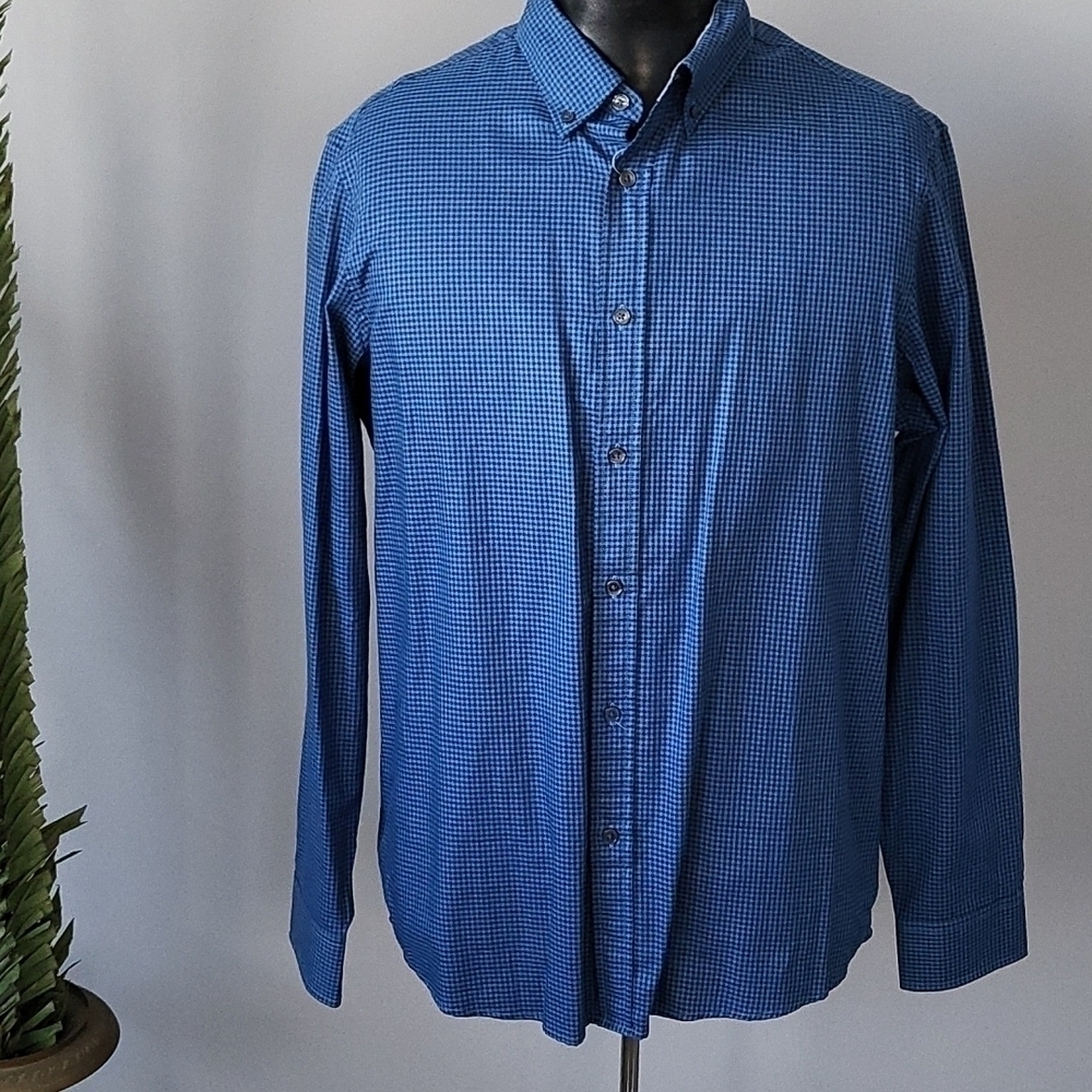 Michael Kors blue and black checked button down shirt NWT